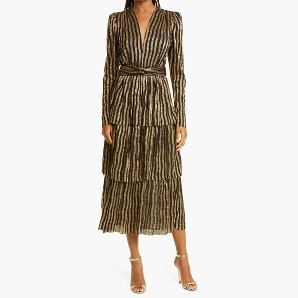 SABINA MUSAYEV Misty Tiered Metallic Midi Dress in Black Gold Size S - Picture 1 of 6
